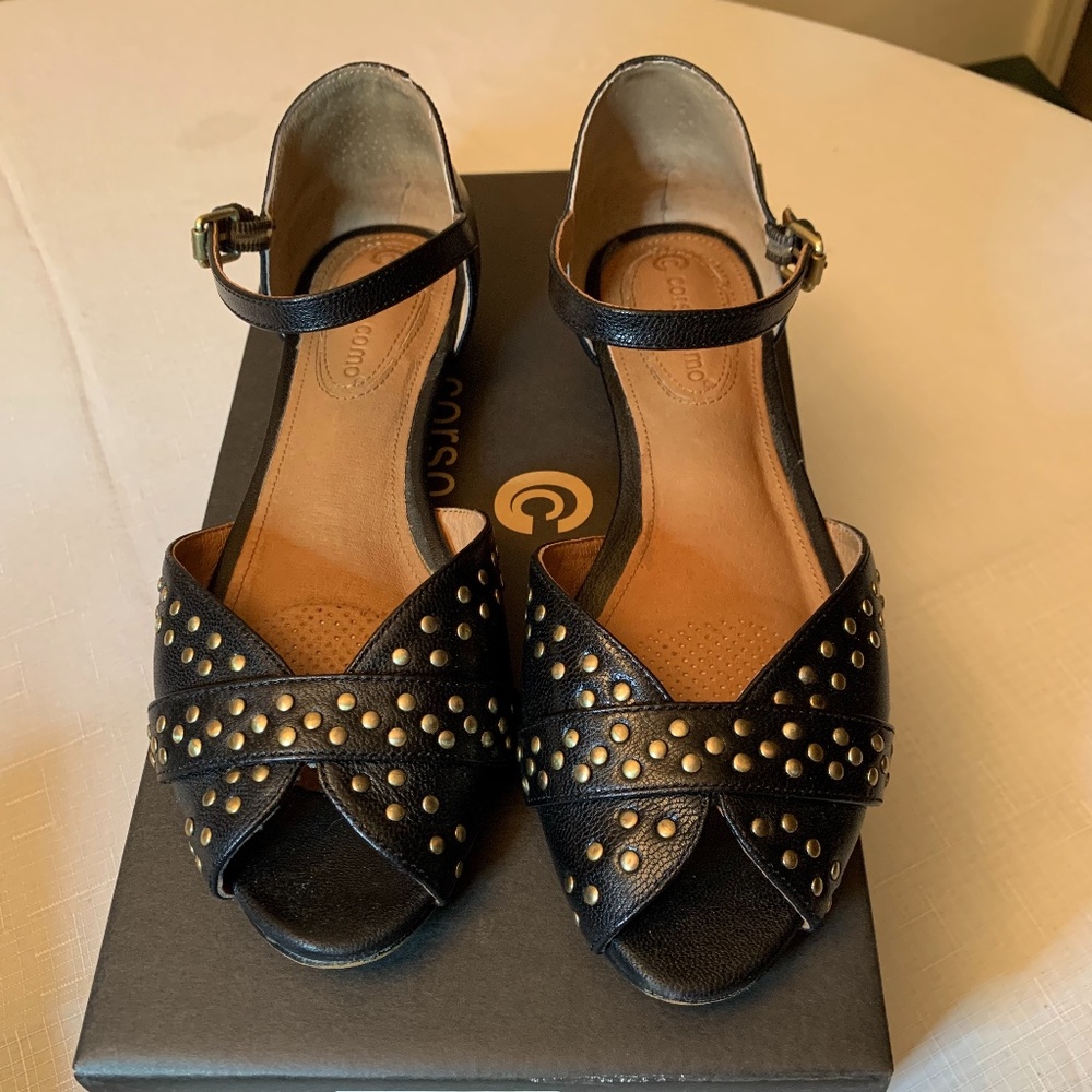 Black Leather Ankle Strap Sandal With Gold Studs